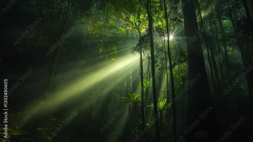 Obraz premium Sunbeams pierce through dense rainforest canopy, illuminating lush green foliage and creating a mystical atmosphere.