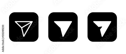 Share, send icon set on black square. Social media paper plane sign symbol