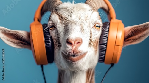 Goat wearing headphones is smiling and looking at the camera. The goat is wearing orange headphones and he is enjoying the music photo