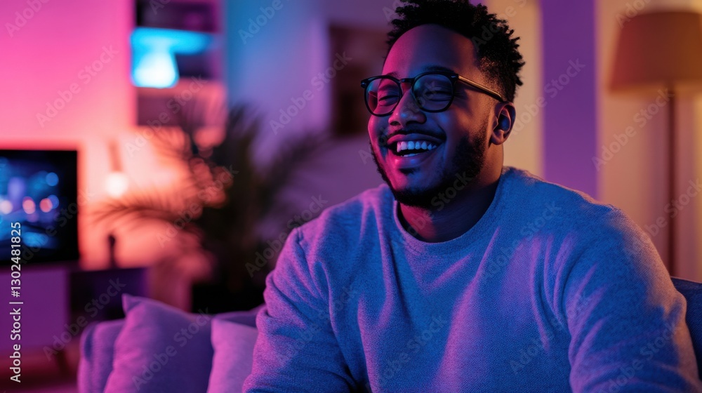 Obraz premium Joyful man relaxing at home with colorful lights in the evening