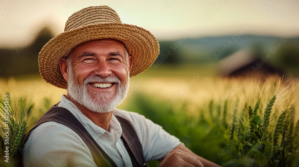 Fototapeta premium Man wearing a straw hat and a vest is smiling in a field of wheat. Concept of happiness and contentment, as the man is enjoying his time outdoors