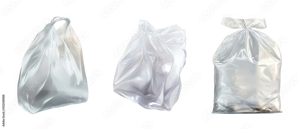 Fototapeta premium Three crumpled transparent plastic bags on a white background.