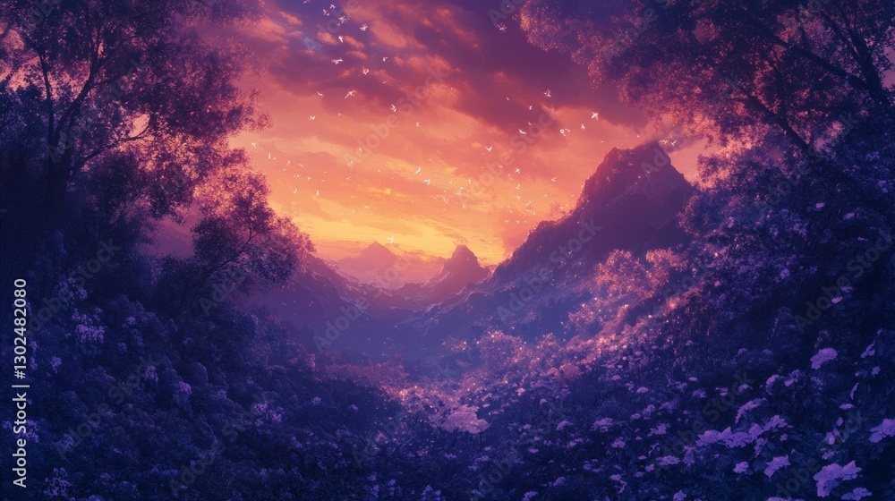 Enchanted Sunset: A Serene Mountain Valley Bathed in Purple Hues Enchanted Sunset: A Serene Mountain Valley Bathed in Purple Hues