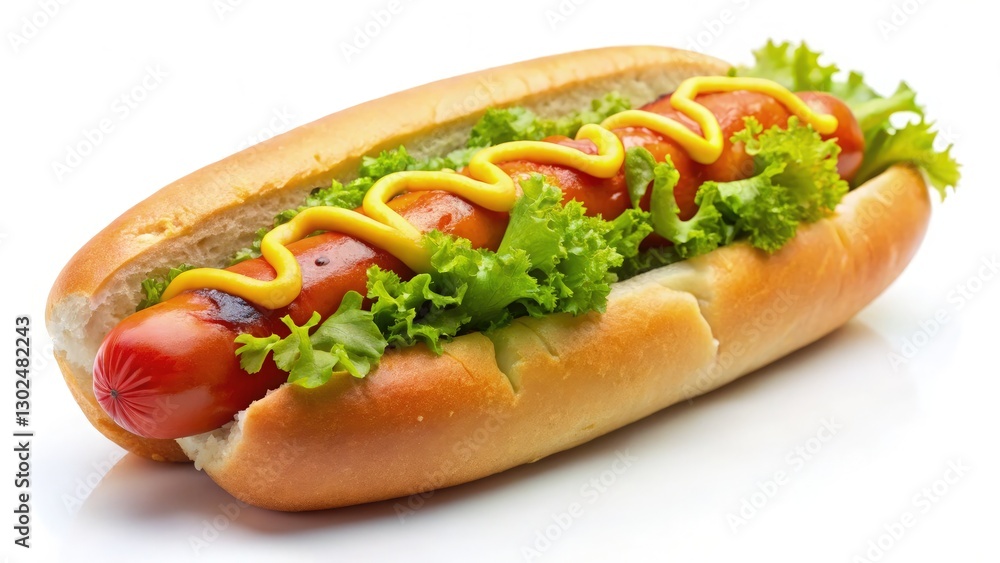 Delicious Hot Dog With Mustard and Lettuce on White Background. Generative AI Delicious Hot Dog With Mustard and Lettuce on White Background. Generative AI