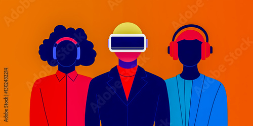 A vibrant illustration of three people, one wearing a VR headset, representing technology, gaming, and virtual experiences against a bright orange background.