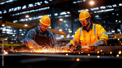 Two workers in safety gear create sparks in metal workshop, showcasing teamwork and craftsmanship. warm glow of molten metal adds to industrial atmosphere