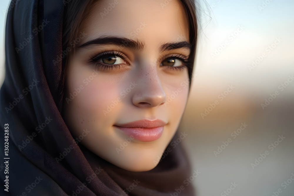 Portrait of young muslim woman wearing hijab, Gir wearing a head scarf, closup of an islamic woman with traditional clothing Portrait of young muslim woman wearing hijab, Gir wearing a head scarf, closup of an islamic woman with traditional clothing