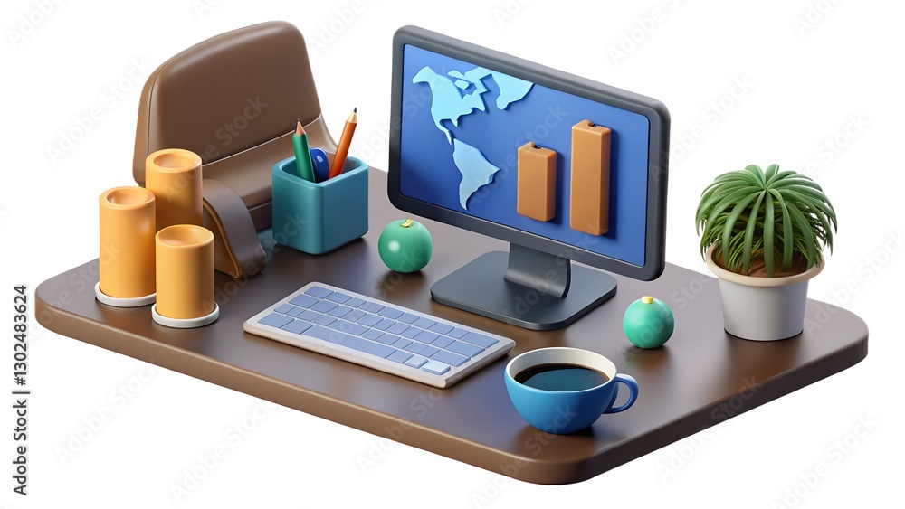 Modern Workspace: A sleek, modern office desk setup, with a computer displaying a global map and financial data, a keyboard, a coffee cup, stationery, and a potted plant. Modern Workspace: A sleek, modern office desk setup, with a computer displaying a global map and financial data, a keyboard, a coffee cup, stationery, and a potted plant.