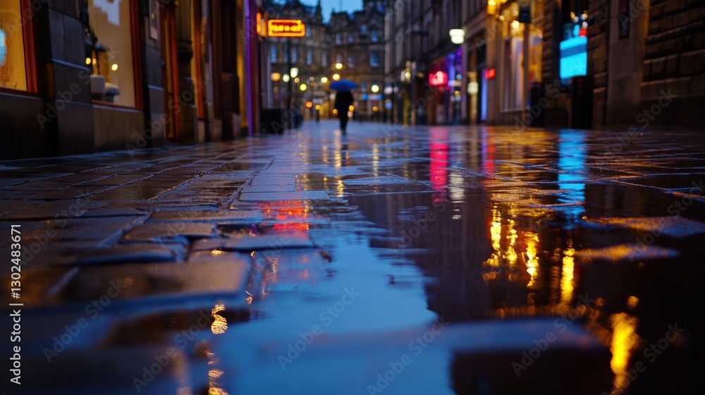 Obraz premium Rainy Night Street Scene in Edinburgh