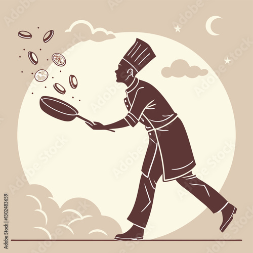 Chef Flipping Pancakes Under Moonlight