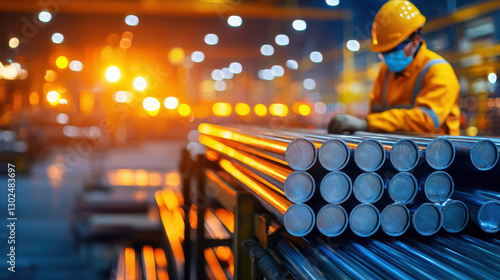 Wallpaper Mural worker in protective gear inspects metal rods in factory, showcasing safety and diligence in vibrant industrial setting. warm glow of molten metal enhances atmosphere Torontodigital.ca