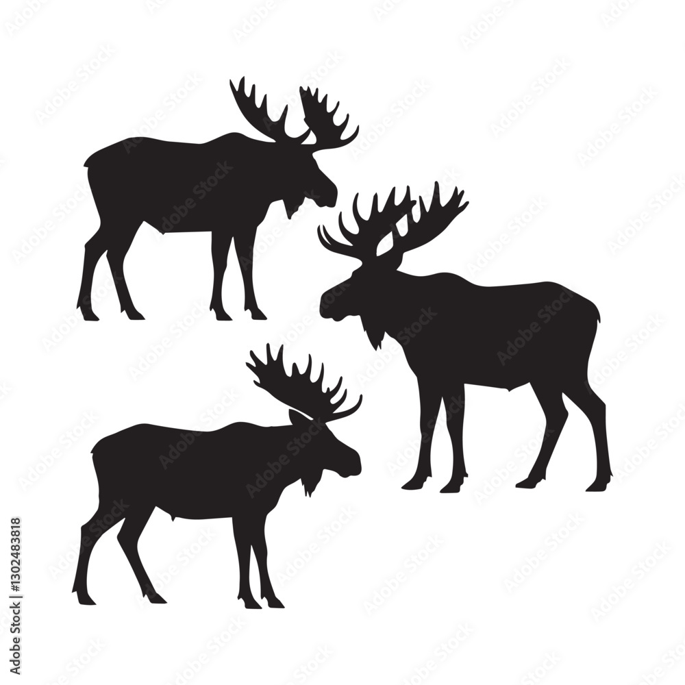 Fototapeta premium A set of three moose silhouettes in black, isolated on a white background