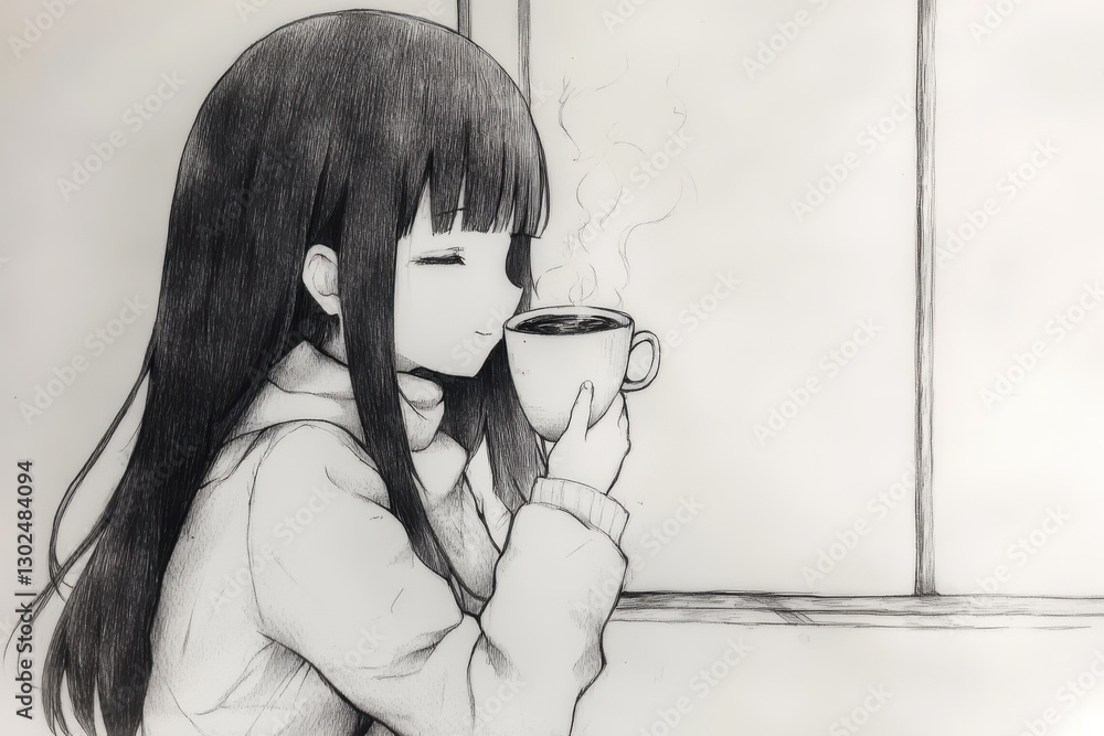 Naklejka premium Discover a minimalist pencil sketch of an anime girl in this artistic image, featuring details like a clock and vase for a serene aesthetic touch.