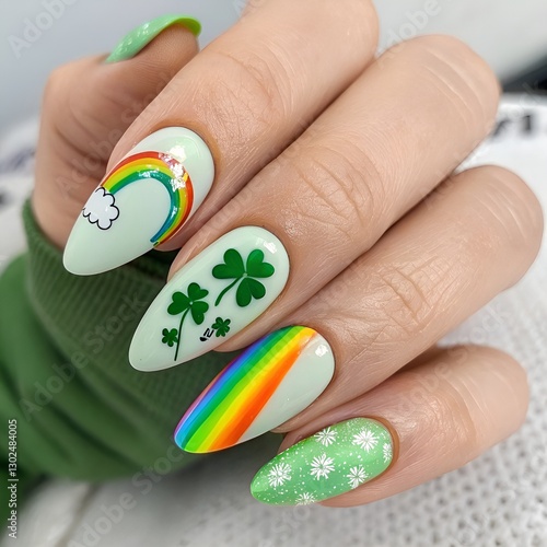 St. Patrick’s Day Rainbow Clover Nail Art – Festive Green Manicure with Shamrocks and Lucky Designs
