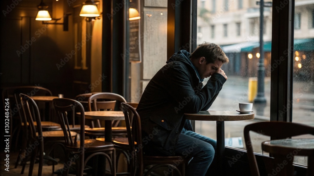 Sad Customer Reflecting Alone in a Cafe on a Rainy Day. Generative AI Sad Customer Reflecting Alone in a Cafe on a Rainy Day. Generative AI