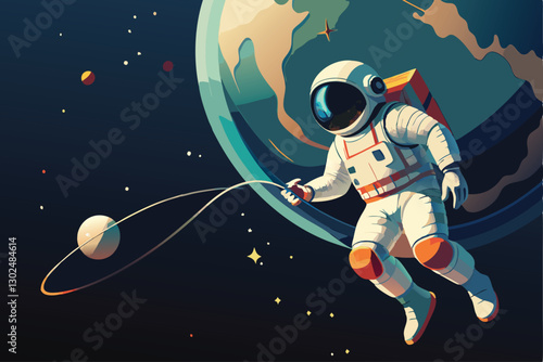 Astronaut in the Abyss vector illustration.An astronaut floating alone in the vastness of space, tethered to a broken satellite. The Earth looms large and luminous in the background.