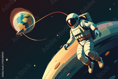 Astronaut in the Abyss vector illustration.An astronaut floating alone in the vastness of space, tethered to a broken satellite. The Earth looms large and luminous in the background.
