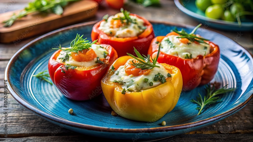 Delicious Baked Peppers with Tomato, Cheese & Dill on Blue Plate - Stock Photo