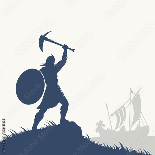 Viking Warrior Silhouette with Ship in Background