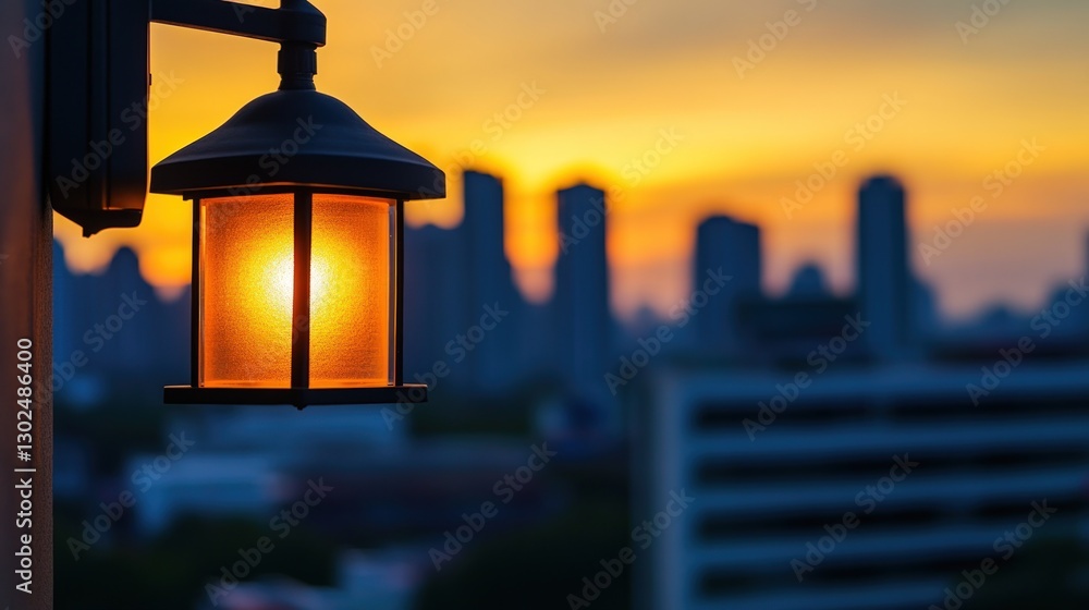Illuminated wall lamp at sunset over cityscape Illuminated wall lamp at sunset over cityscape