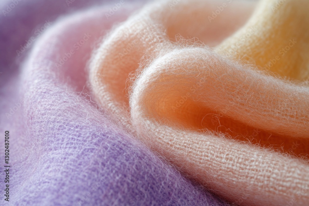 Fototapeta premium Close-up view of soft, plush fabrics displaying vibrant pastel hues, highlighting their inviting and cozy texture