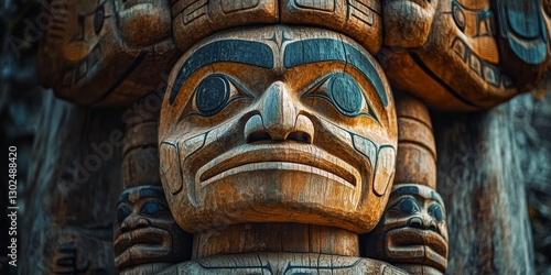 Traditional totem pole carving representing canadian first nations culture photo