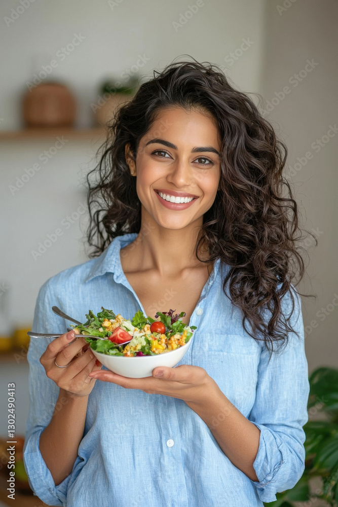 a smiling Indian fitness model woman holding a salad bowl in both hands a smiling Indian fitness model woman holding a salad bowl in both hands