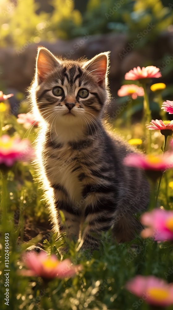 A Captivating Portrait of a Kitten Amidst a Vibrant Garden A Captivating Portrait of a Kitten Amidst a Vibrant Garden