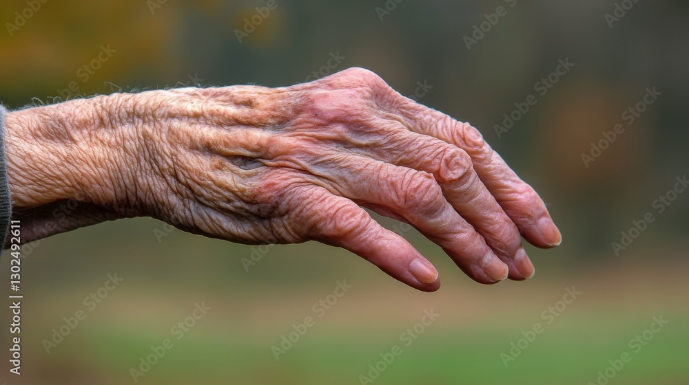 Aged Hand Reaching Out in Nature with Soft Background Blur Aged Hand Reaching Out in Nature with Soft Background Blur