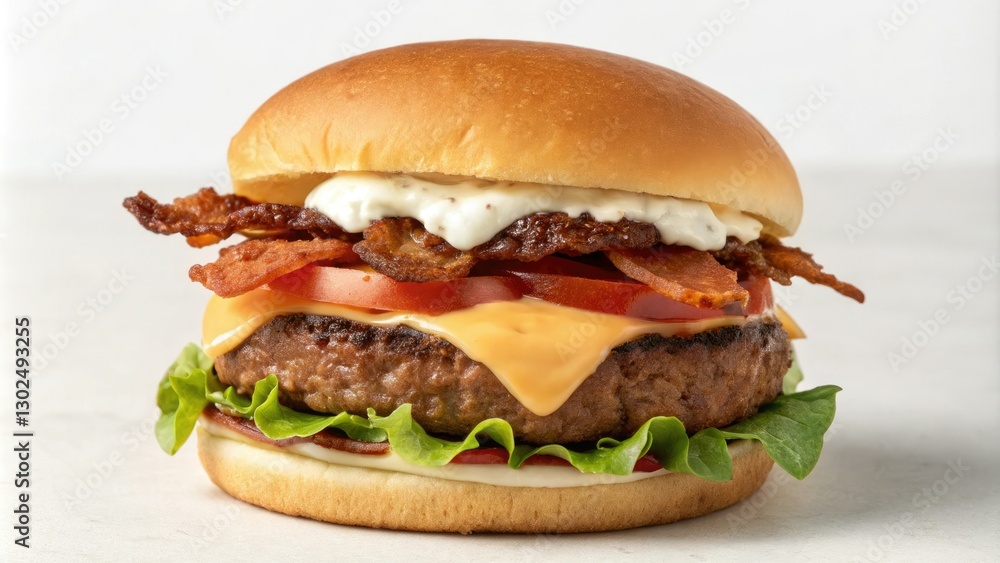 A mouthwatering burger featuring a beef patty topped with creamy cheese lettuce tomato and crispy bacon on a soft bun, lettuce, snack, soft, bacon A mouthwatering burger featuring a beef patty topped with creamy cheese lettuce tomato and crispy bacon on a soft bun, lettuce, snack, soft, bacon