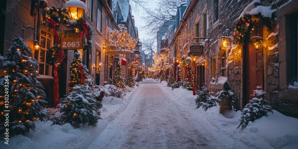 Obraz premium Christmas lights illuminating snowy street in quebec city, canada
