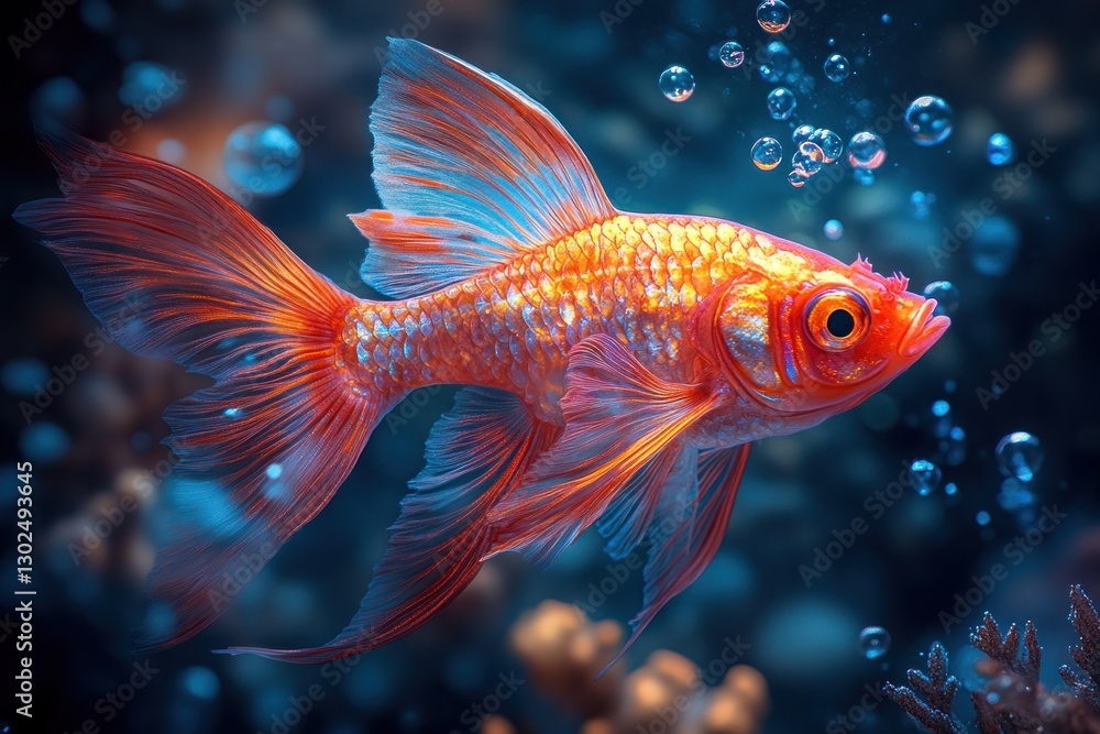 This iridescent red fish with glowing orange eyes gracefully swims among colorful corals, creating a captivating underwater display at dusk This iridescent red fish with glowing orange eyes gracefully swims among colorful corals, creating a captivating underwater display at dusk