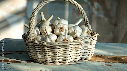 garlic in a wicker basket. Selective focus
