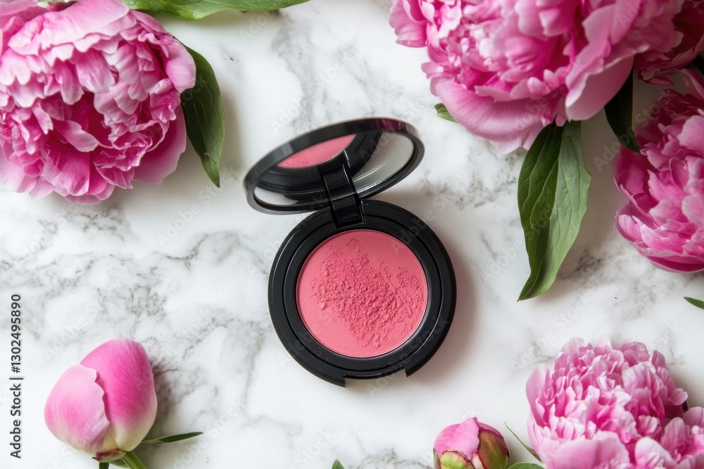 Bright pink lip gloss and eye shadow sit elegantly on a marble surface, framed by fresh pink peonies and tulips in a serene setting Bright pink lip gloss and eye shadow sit elegantly on a marble surface, framed by fresh pink peonies and tulips in a serene setting