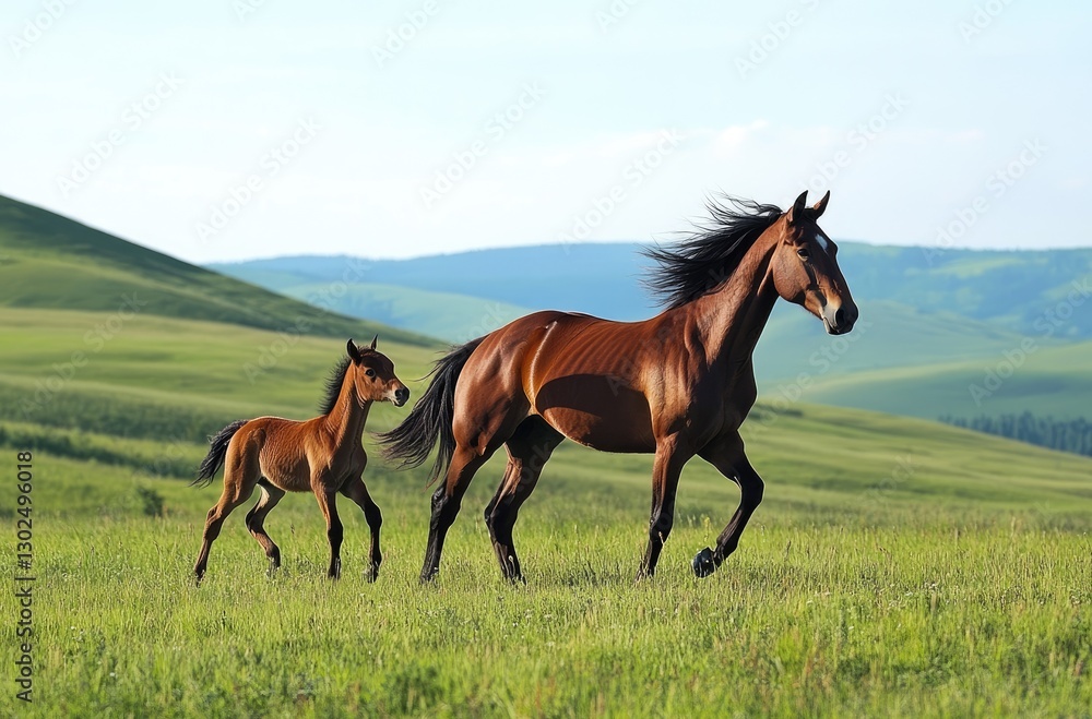 Fototapeta premium A brown horse and its foal run in the grassland. The background features rolling hills.
