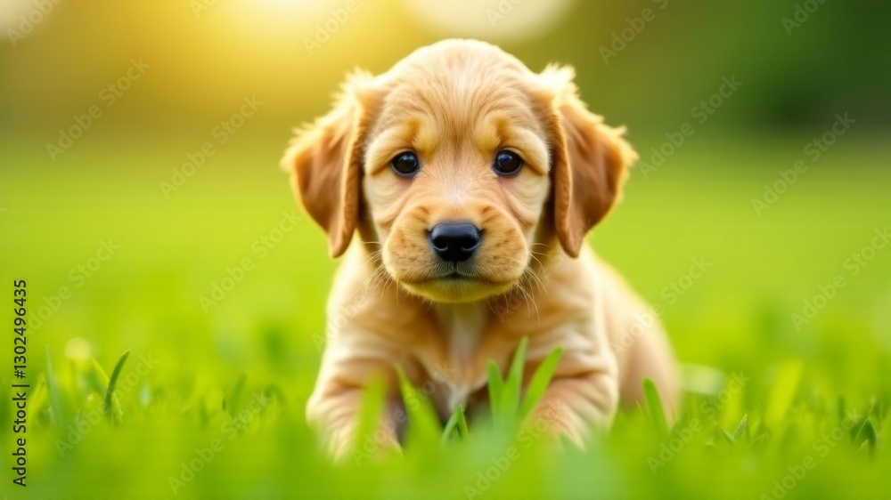 little golden puppy on the grass in front of the camera little golden puppy on the grass in front of the camera