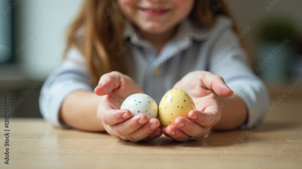Fototapeta premium Easter painted eggs in the hands of a girl close-up