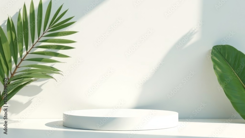 white round pedestal on white background with green leaves on the sides white round pedestal on white background with green leaves on the sides