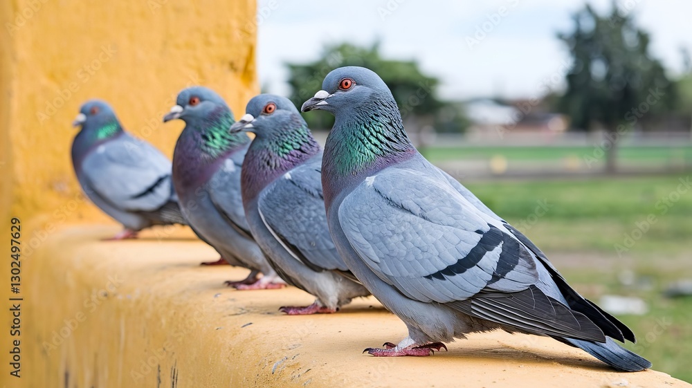 Obraz premium Close-Up of a Line of Pigeons Sitting on a Wall with a Soft Portrait Background 