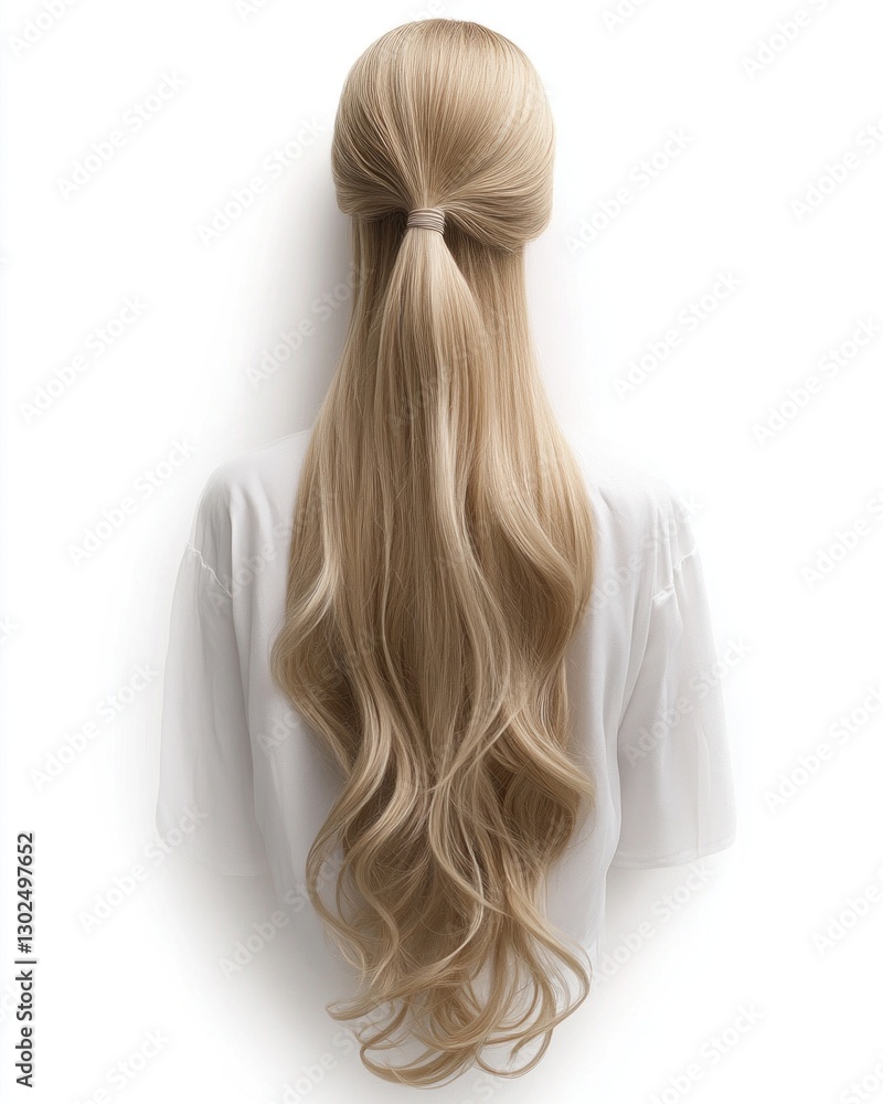 Naklejka premium Wavy blonde hair is styled in a long ponytail against a simple white background, highlighting modern hairstyling aesthetics