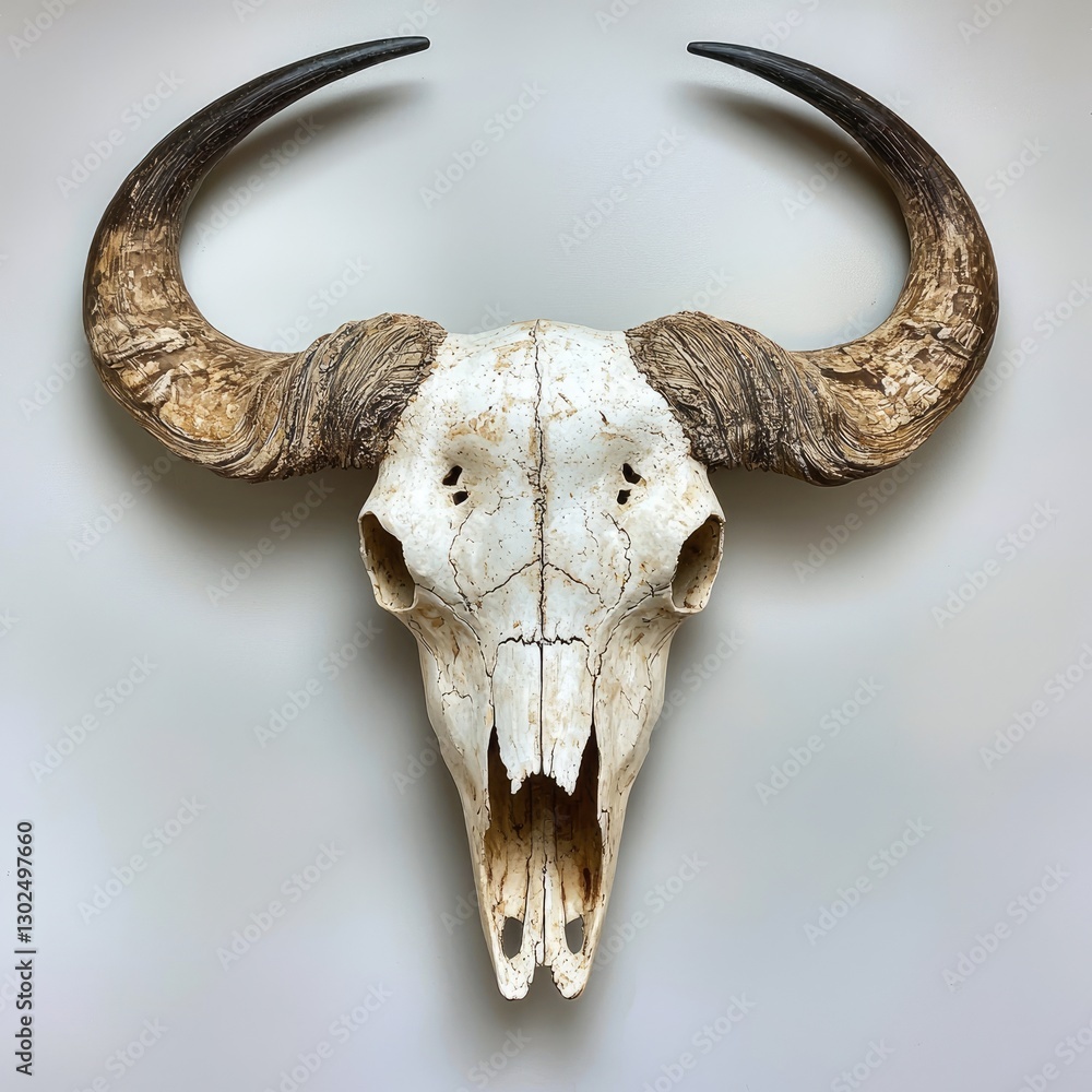 Fototapeta premium A buffalo skull with large curved horns, representing wildlife and rustic decor.