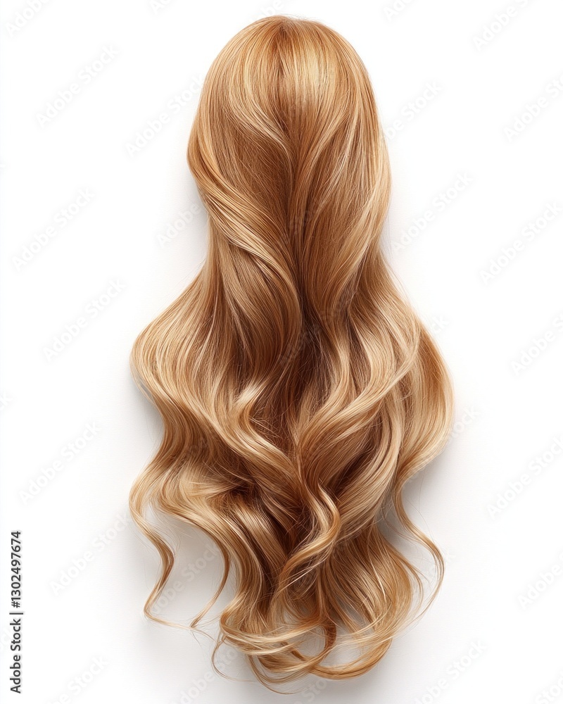 Fototapeta premium Blonde wavy ponytail cascades gracefully against a white backdrop, showcasing a soft and shiny texture with beautiful movement