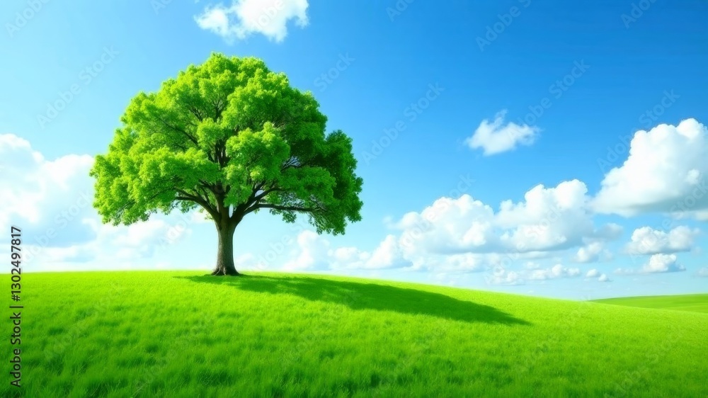 one green tree on green grass with blue sky