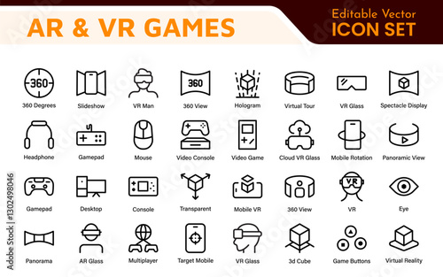 AR VR Games Icons Collection. Vector-Based Icons for Virtual Reality, Augmented Reality, Gaming, and Immersive Tech