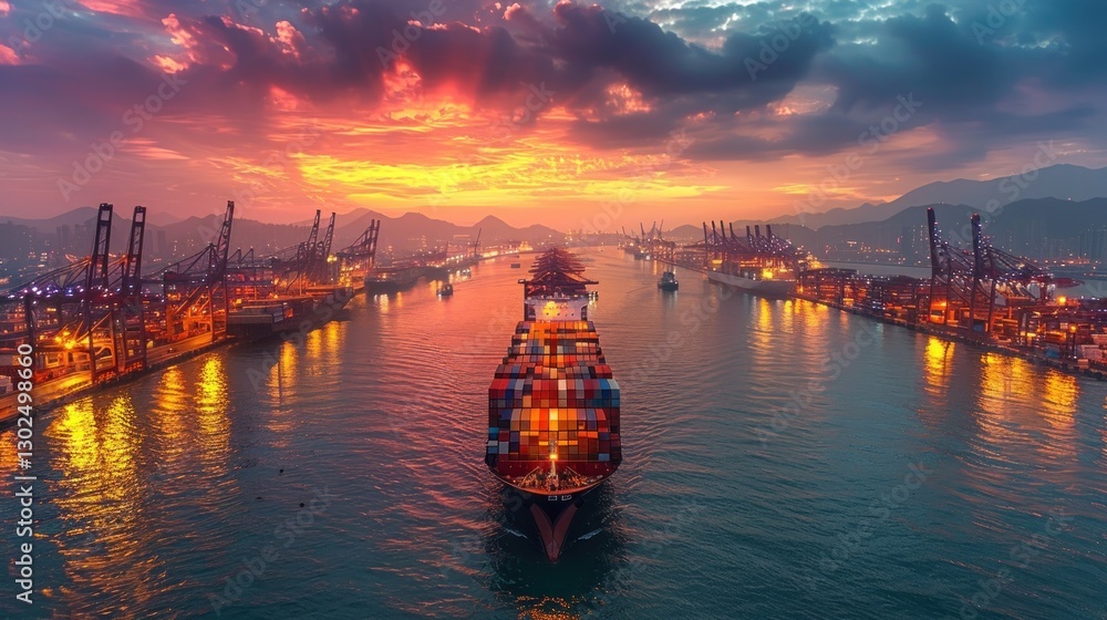Container ship navigating harbor at sunset Container ship navigating harbor at sunset