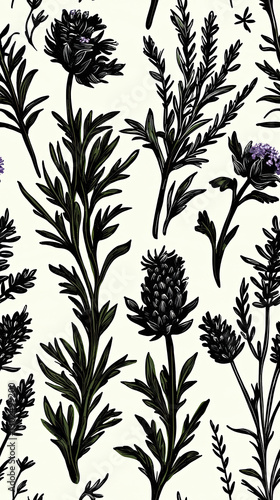 Botanical illustration featuring various herbs and flowers in black