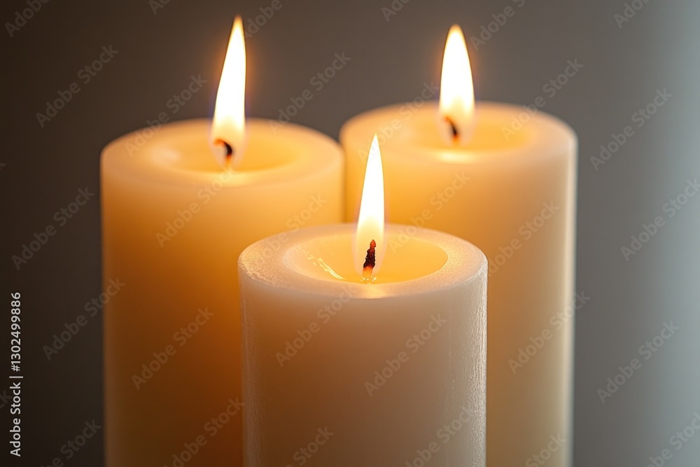 Three tall cream-colored candles burn brightly, casting a soft and soothing glow in a serene environment, enhancing the ambiance Three tall cream-colored candles burn brightly, casting a soft and soothing glow in a serene environment, enhancing the ambiance