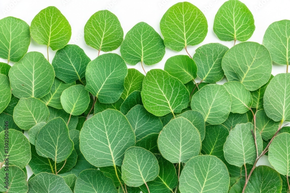 Fresh eucalyptus leaves are displayed from a top view on a clean white surface, showcasing their vibrant green color and distinct shape Fresh eucalyptus leaves are displayed from a top view on a clean white surface, showcasing their vibrant green color and distinct shape