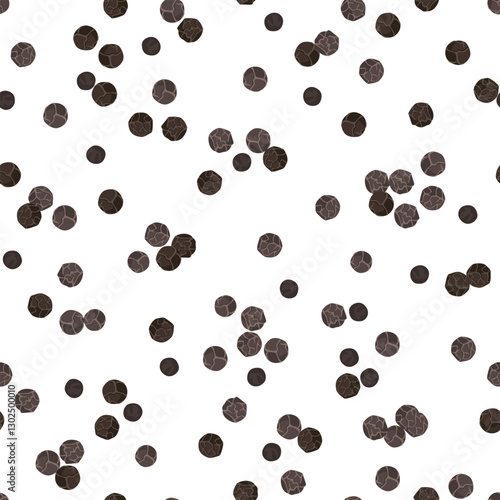 Black peppercorns seamless pattern. Vector cartoon flat illustration. Background with spicy spice.