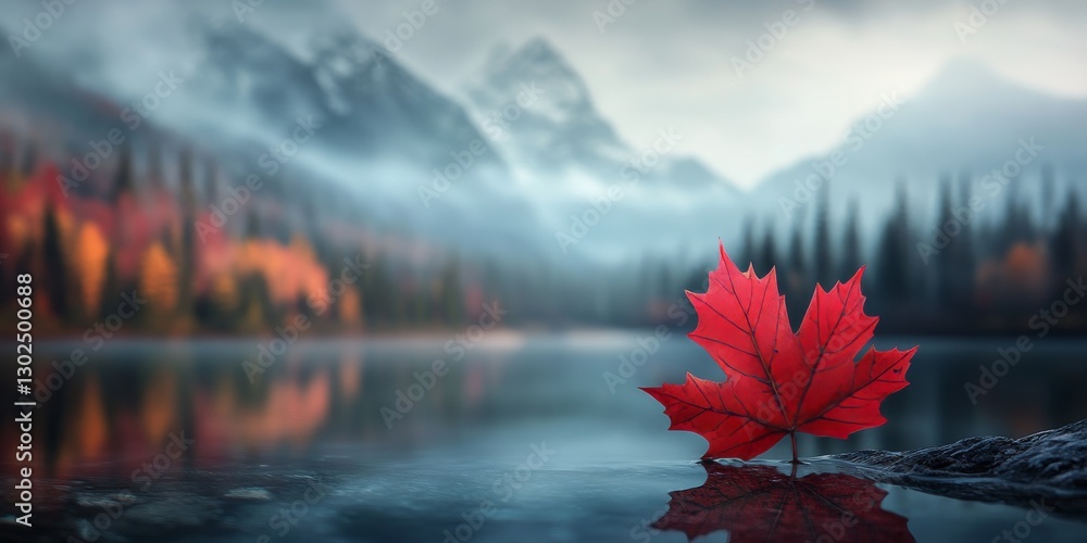 custom made wallpaper toronto digitalRed maple leaf floating on a misty lake in the canadian rockies